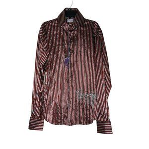 CALYPSO HOMME XL RED BLACK SHINY STRIPED DRESS EMBROIDERED 'RESPECT' SHIRT